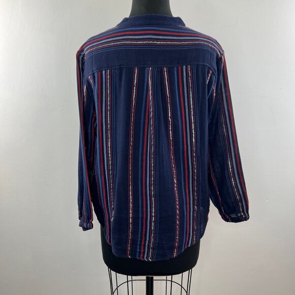 SUNDRY Multi Blouse Striped Print Cotton Blend Collarless Button Front Size 1 S - Picture 6 of 9